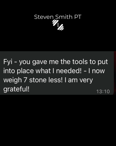 Client feedback message Text message expressing gratitude for weight loss support, mentioning a 7 stone loss.