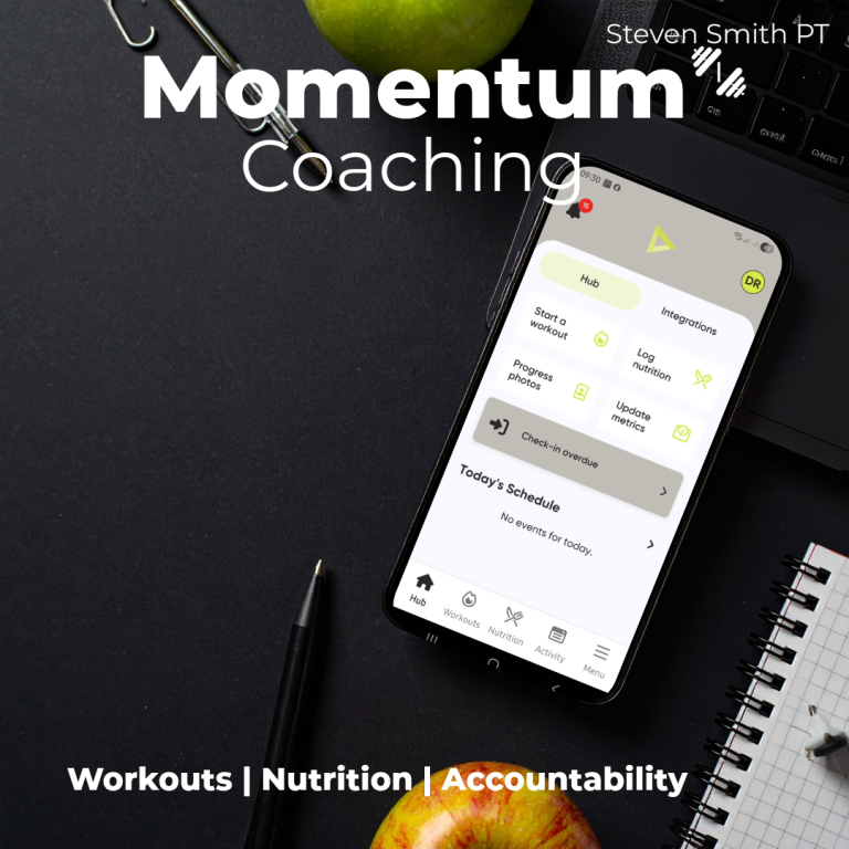 App Home Screen Mobile phone displaying a coaching app alongside an apple and notebook.
