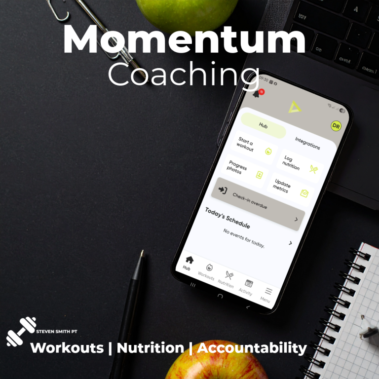 Momentum APP Smartphone displaying the Momentum Coaching app next to an apple and notebook.