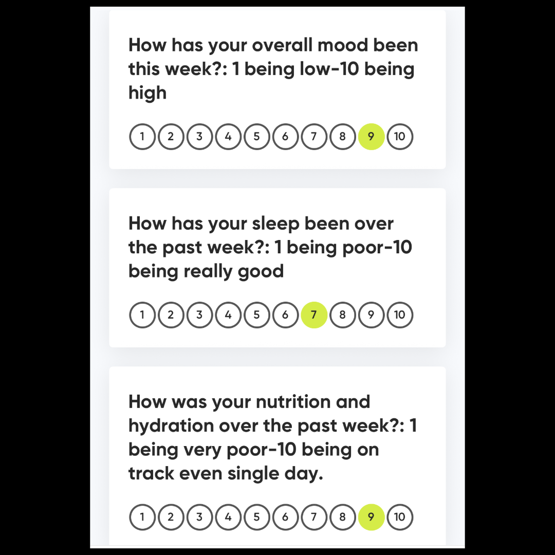 Three mood and health assessment questions with scaled response options.