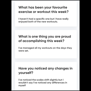 Client Progress Tracking Check-In Screenshot of client check-in used for progress tracking and coaching support in Steven Smith PT’s programme.