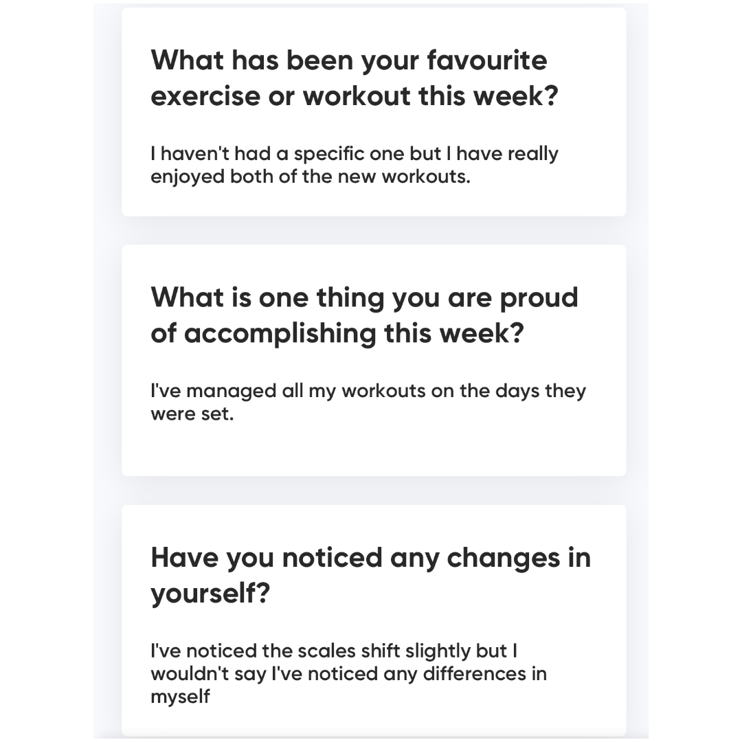 Questions about exercise preferences and personal achievements over the past week.