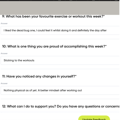 Client Check-In Progress Screenshot Screenshot of a client check-in showing progress updates and feedback from Steven Smith PT’s online coaching programme.