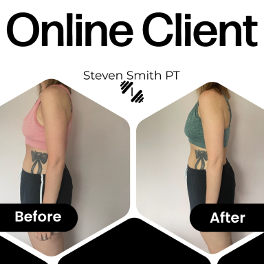 Female Client 4 Week Transformation Female client 4–6 week body transformation side view showing weight loss and improved body shape from Steven Smith PT coaching.