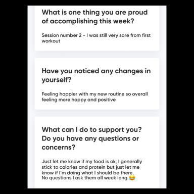 Client Progress Tracking Check-In Screenshot of client check-in used for progress tracking and coaching support in Steven Smith PT’s programme.